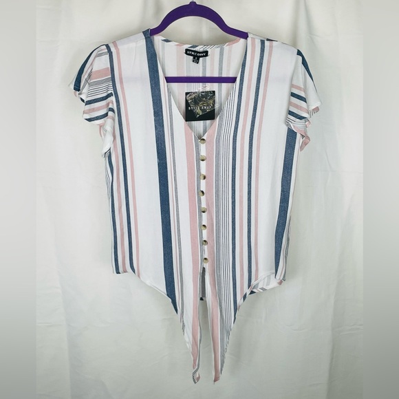NWT Style Envy - Button Up Crop Top, White w/Pink & Blue Strips (Small) - Picture 2 of 7